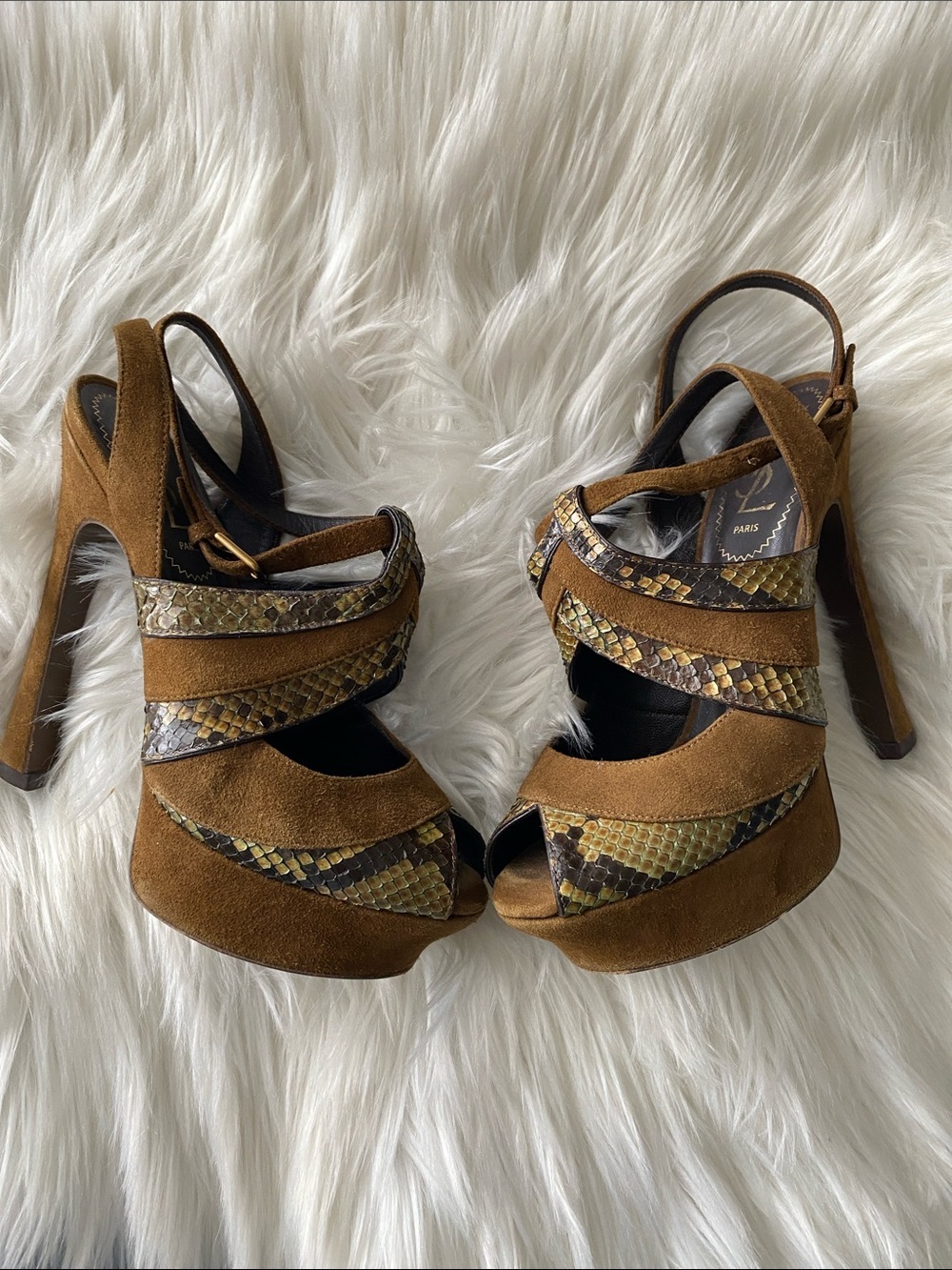 YSL olive Brown Suede Snake-Trim Platform Heels